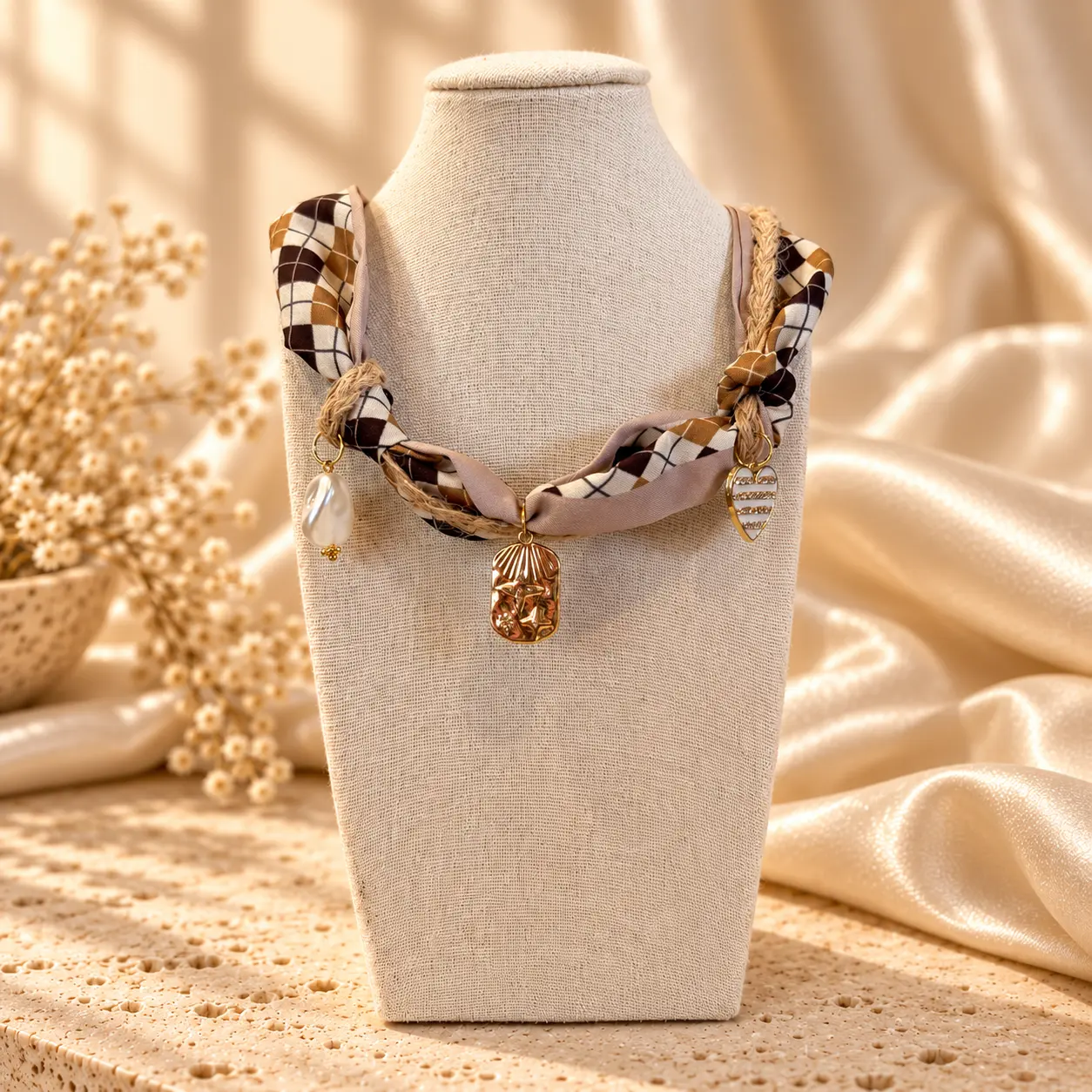 Golden Wildflower neutral plaid bandana charm necklace with gold-tone charms on a linen display stand