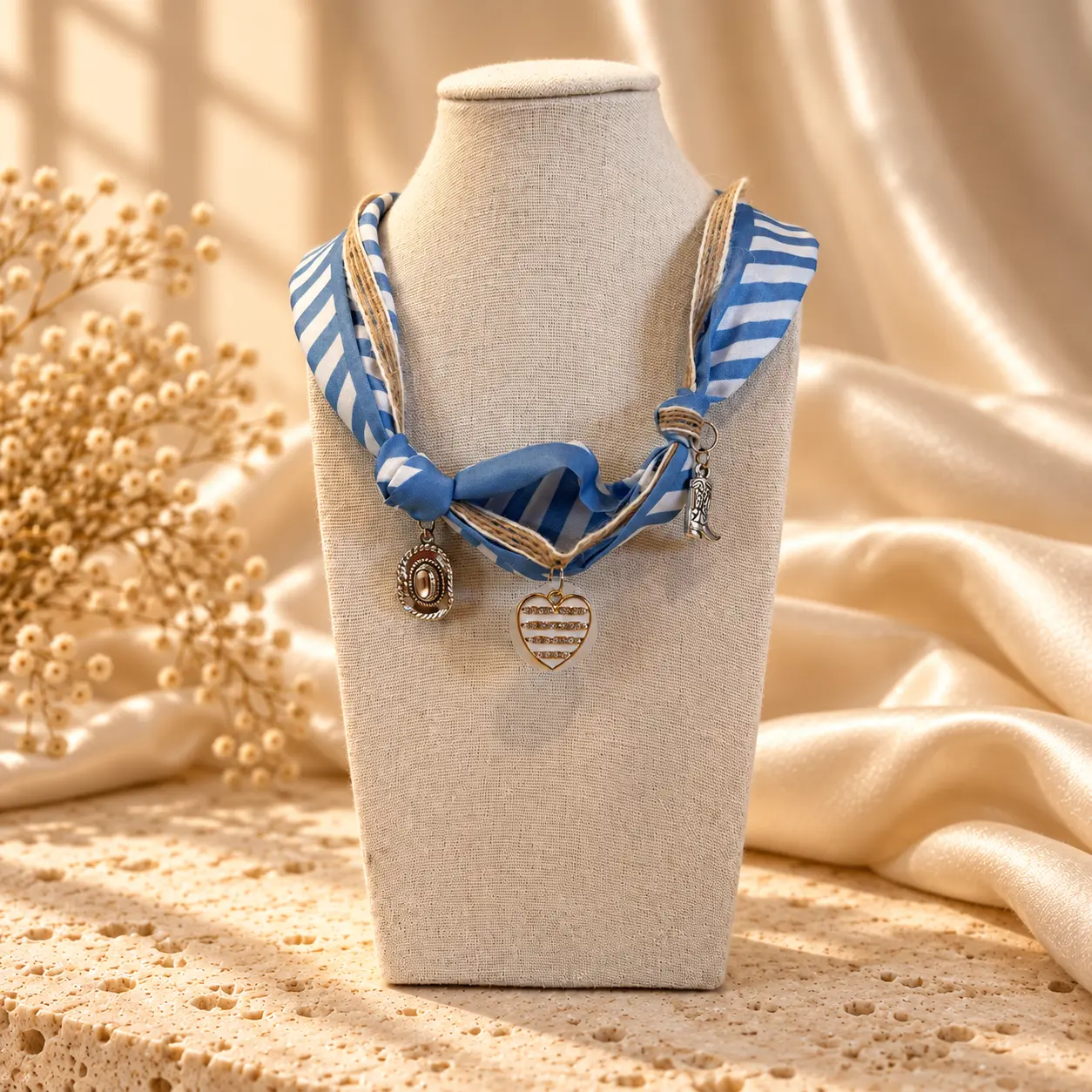Honeyed Heart blue striped bandana charm necklace with heart and mixed-metal charms on a linen display stand