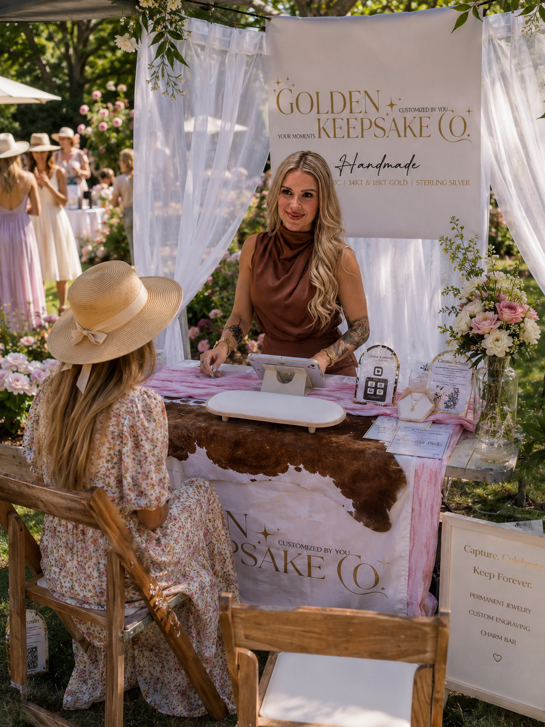 Golden Keepsake Co. booth at a garden party