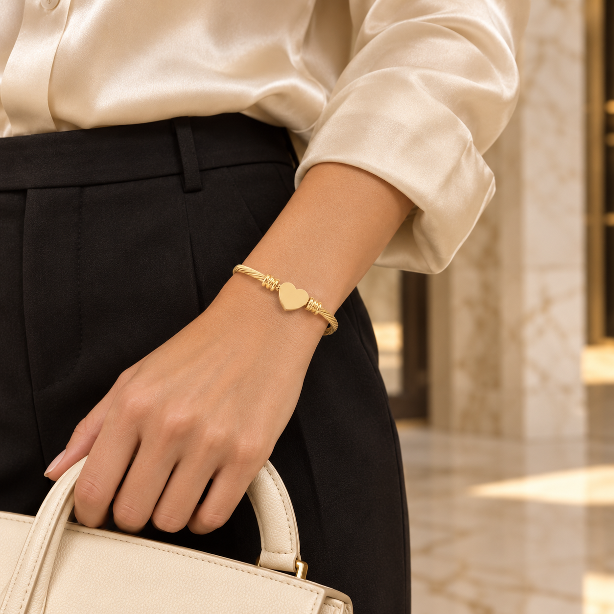 Gold Heart Cable Cuff Bracelet with a twisted cable-style band and heart centerpiece worn on the wrist