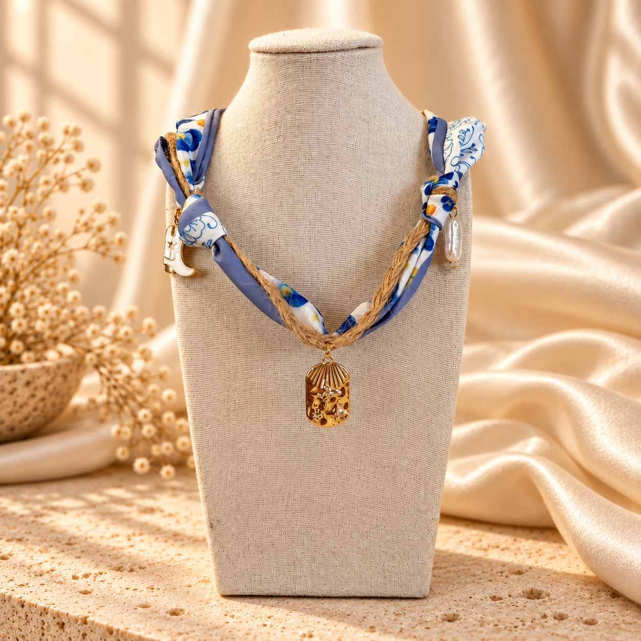 Golden Blue Skies blue floral bandana charm necklace with gold-tone charms on a linen display stand