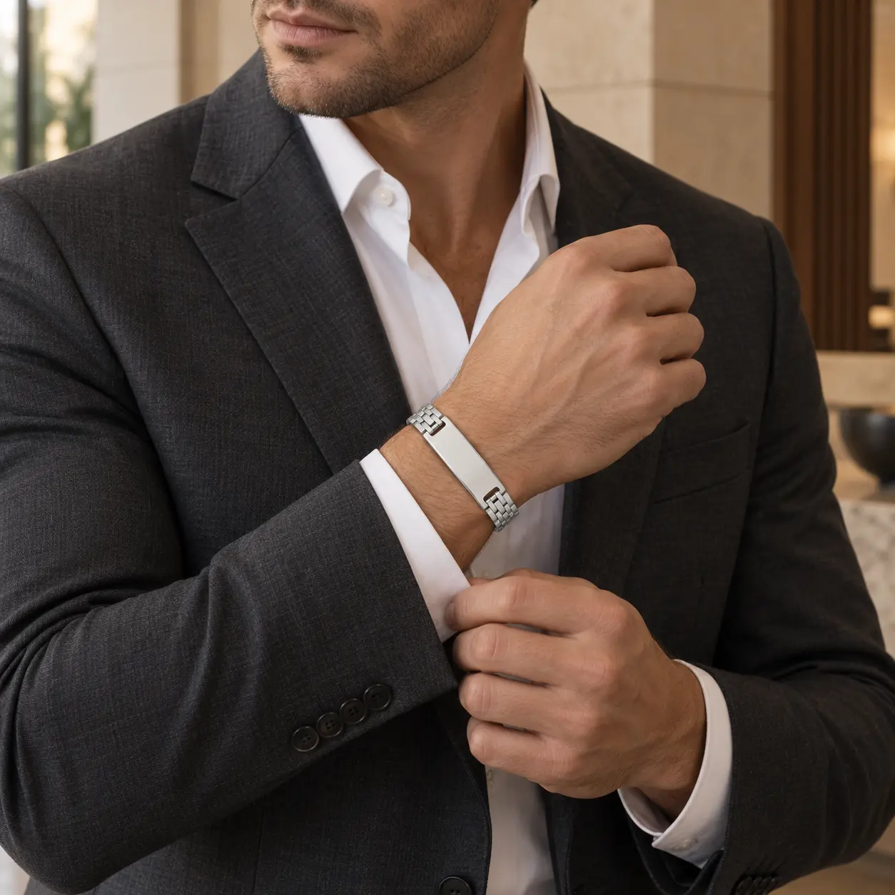 Man in a suit wearing a silver Men’s Wide-Link ID Bracelet with structured watch-style links and a wide engraving plate