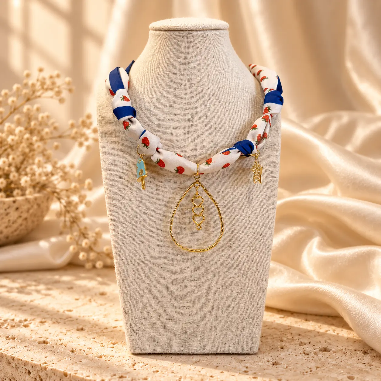 Strawberry Sweetheart strawberry-print bandana charm necklace with gold-tone charms on a linen display stand
