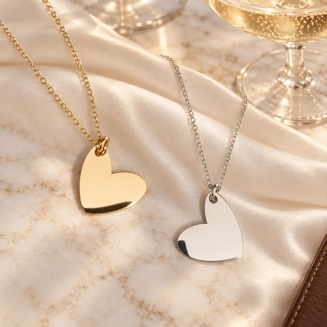 Gold and silver Classic Heart Pendant Necklaces displayed on ivory satin and marble