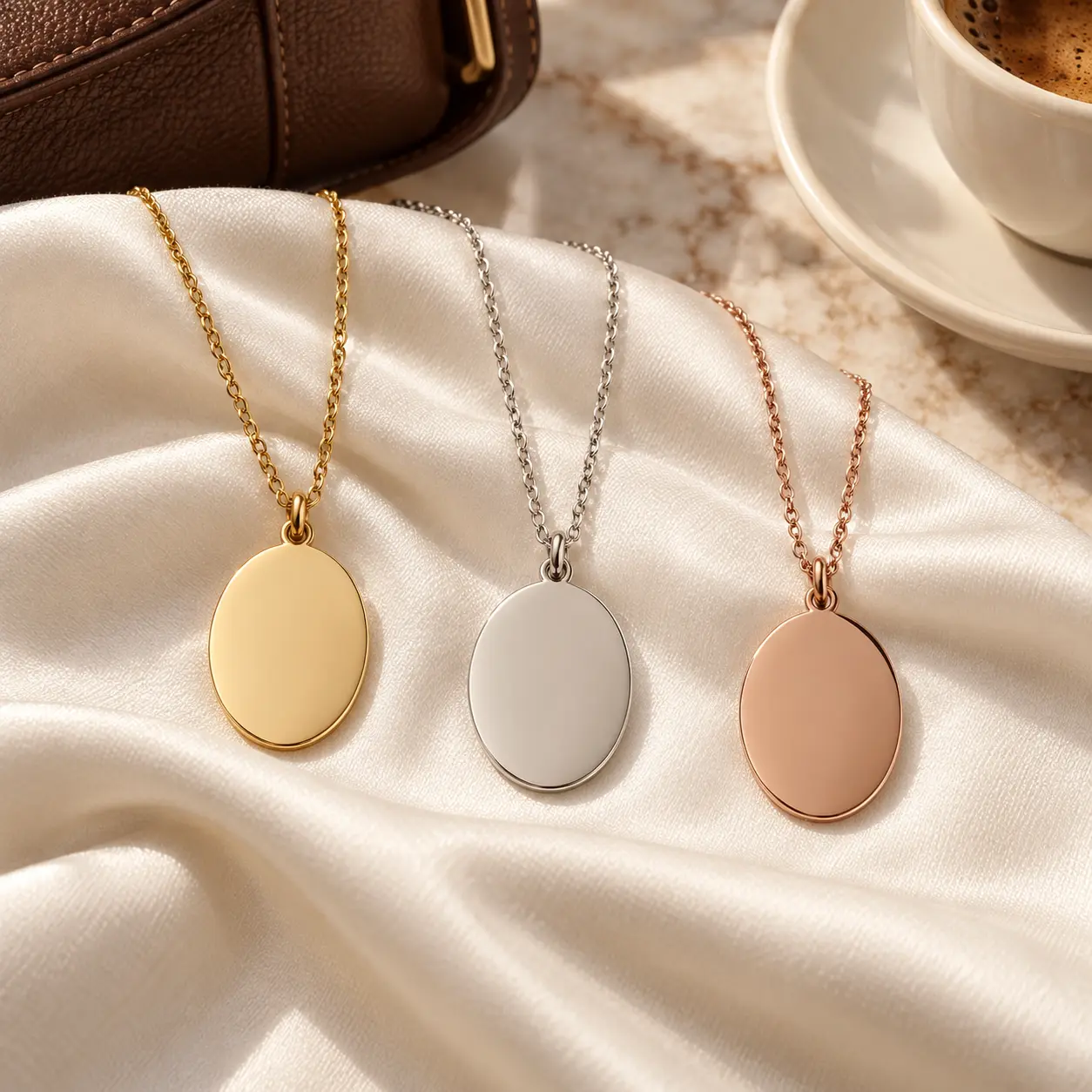 Blank gold, silver, and rose-gold Classic Oval Pendant Necklaces displayed on ivory satin